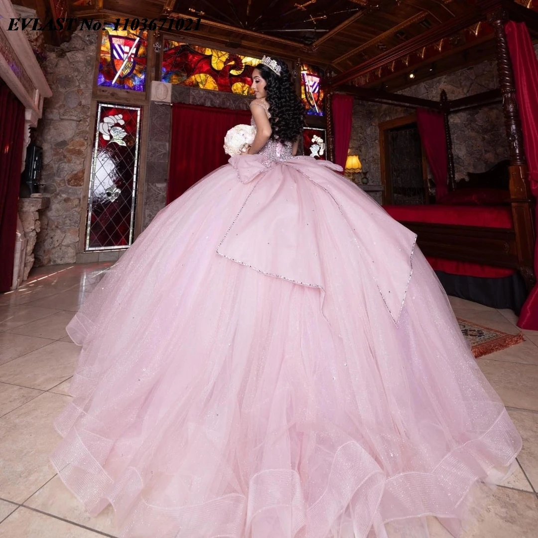 EVLAST Mexican Pink Quinceanera Dress Ball Gown Shiny Lace Applique Beading With Bow Corset Sweet 16 Vestidos De Anos SQ365