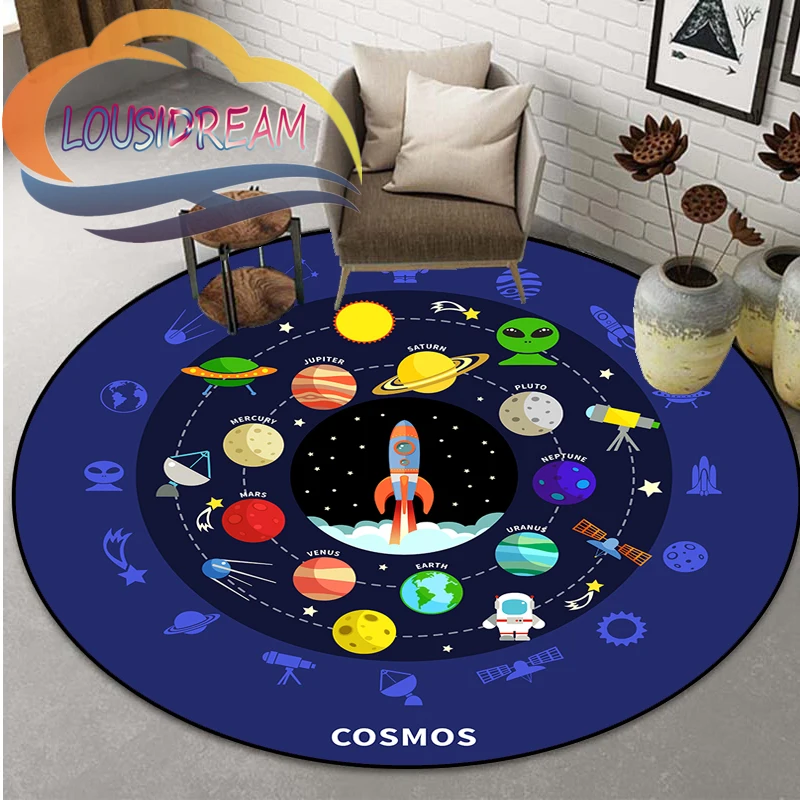 Espaço Universo Round Bedroom Floor Mat, Computer Chair Area Decoração Tapetes, Vector Ufo e muitos planetas na galáxia