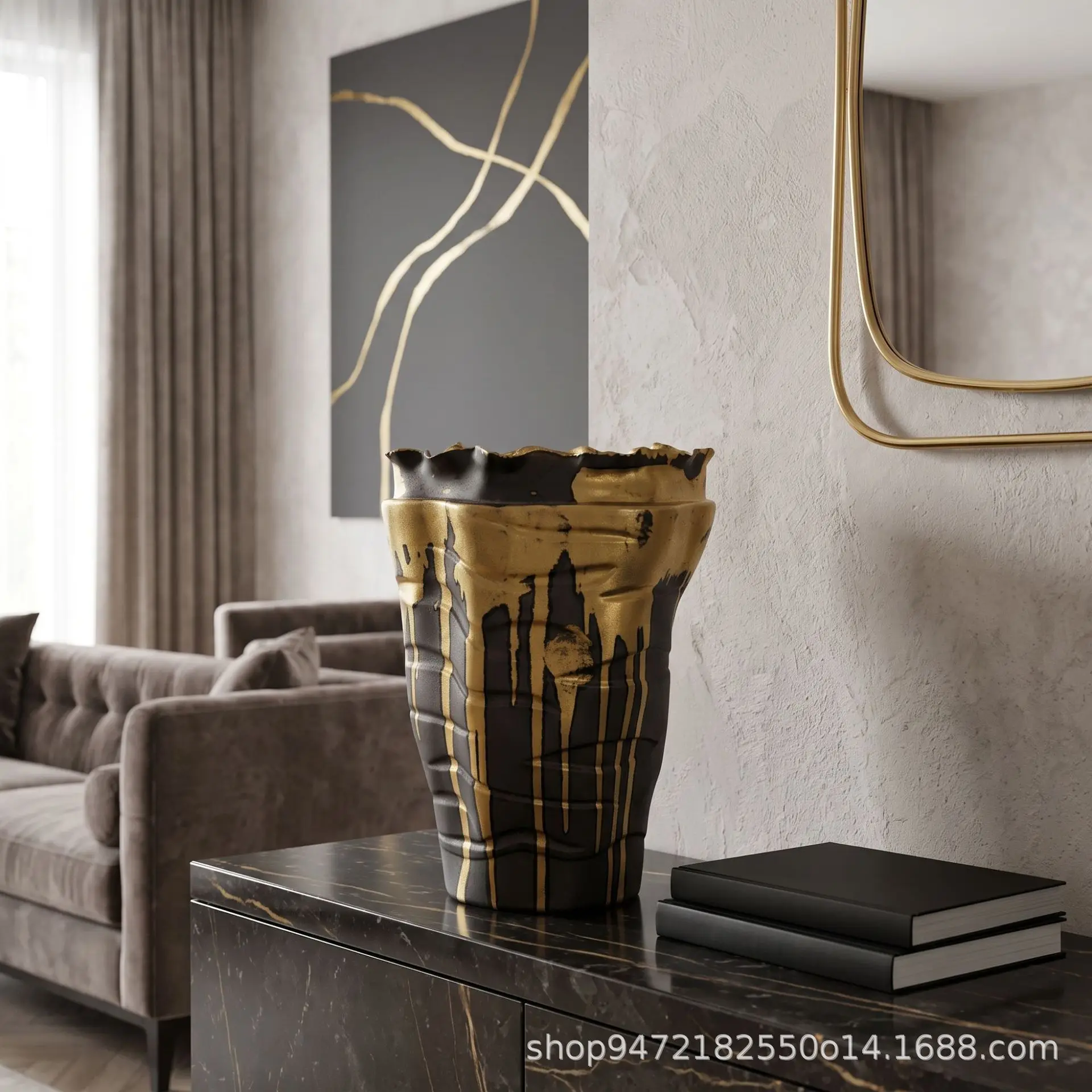 Black gold-painted pleated crimped ceramic vase, light luxury modern art soft decoration