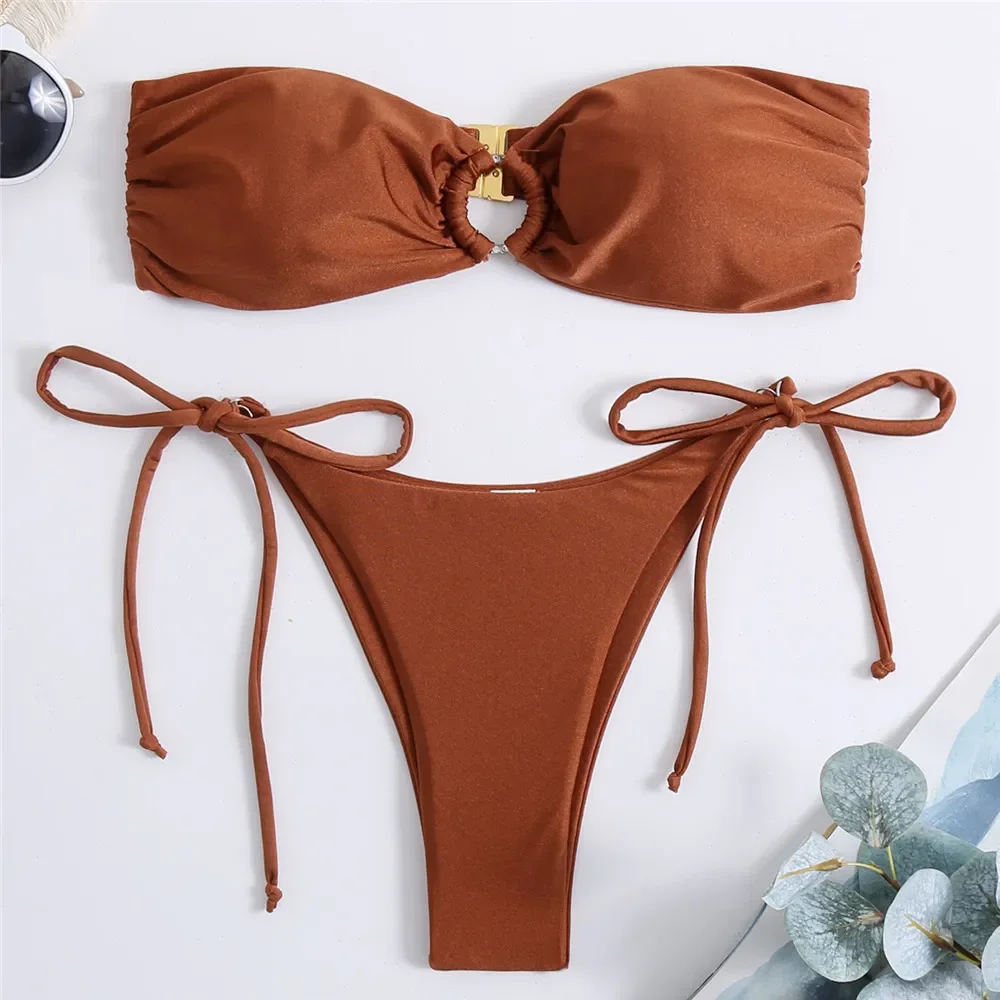 

Sexy Diamond Ring Brown Ruched Swimwear Bandeau Bikinis Sets 2025 Mujer Micro Thong Swimsuit Lace-up Bathing Suit Bikini Bather