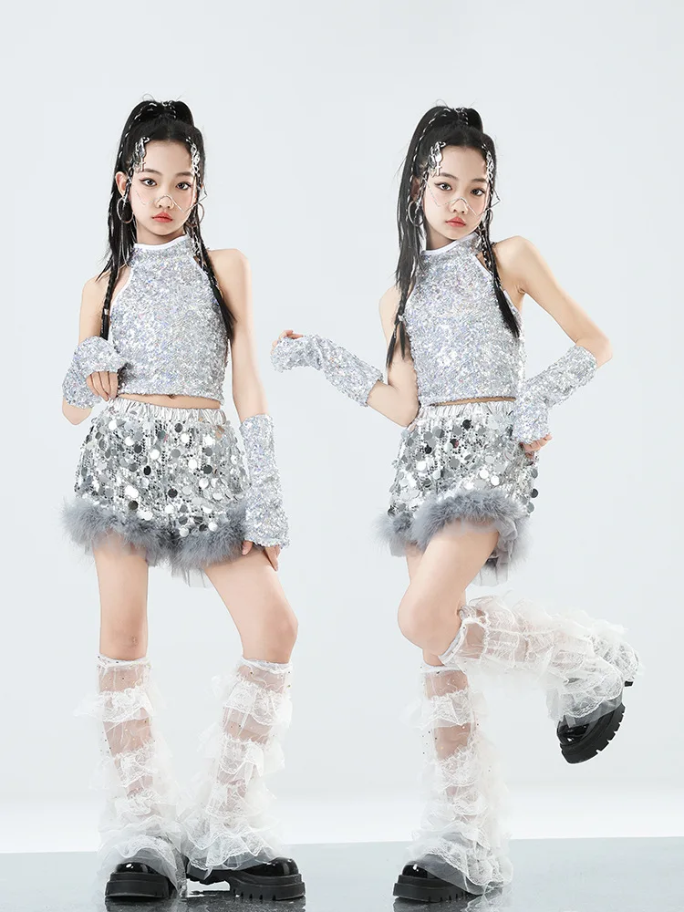 Girls Silver Sequin Hip Hop Costume Crop Top Sequin Top Short for Kids Jazz Clothes Street Dance Stage Sets