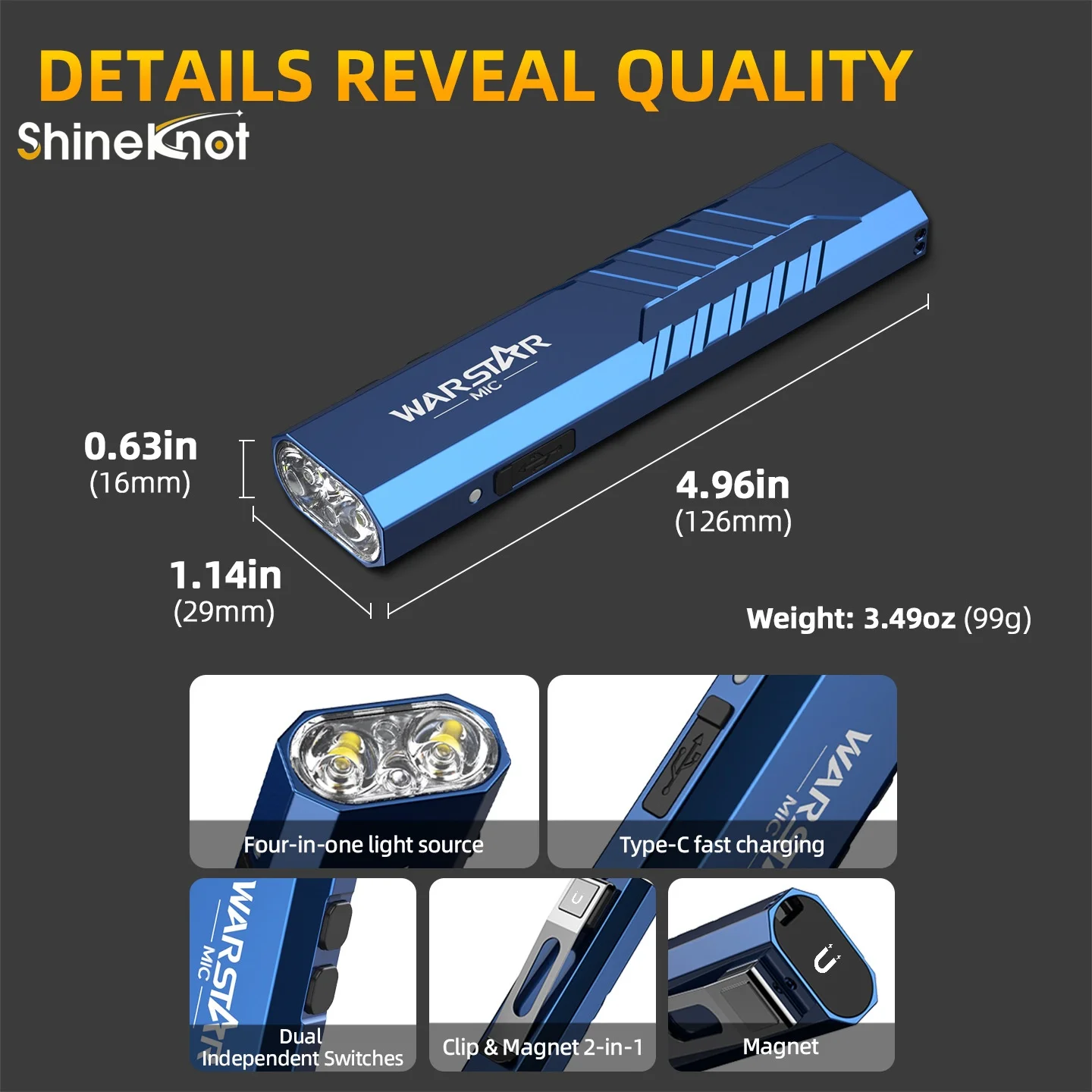 SHINEKNOT Edc Flashlight Flat Ultra-Thin 1200 Lumens Dual Magnetic Uv365 Dual Switch 220 Meter Sos Outdoor Work Light