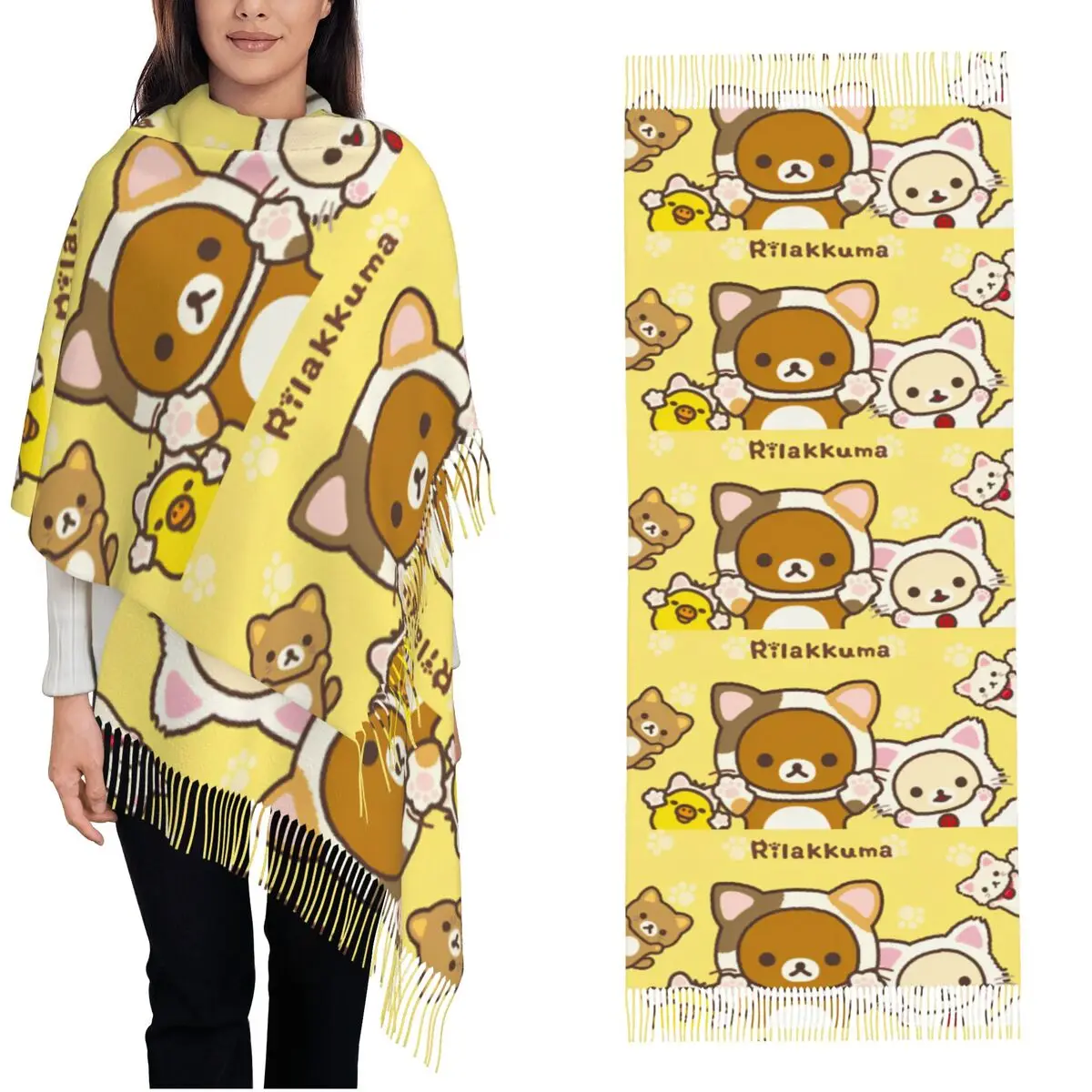 

Rilakkumas Cat Cartoon Scarf for Womens Fall Winter Pashmina Shawls and Wrap Long Large Scarves with Tassel Lightweight