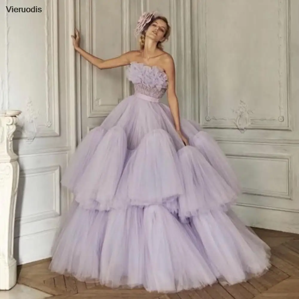 

Elegant Ball Gown Style Ruffles Tiered Prom Dress Strapless Tulle Evening Gown Hot Sale Party Dress With Belt