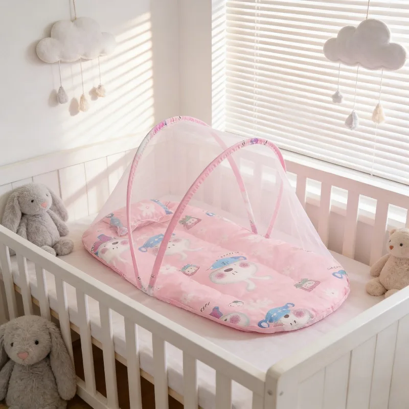 

Складная москитная сетка для детской кроватки, портативная сетка для детской кроватки из полиэстера с подушкой и хлопковым наполнителем - простая установка