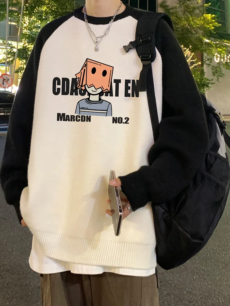 

American Retro Color Blo round Ne Knitwear Men's Autumn Winter Loose Long Sve Base Layer irt Casual Comfortable Soft