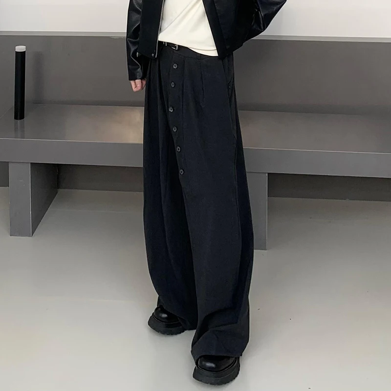 

PBAP Irregular Button Decor Suit Trousers Office School Elastic Waist Pleated Pockets Solid Wide Leg Pants Formal Women Clothes