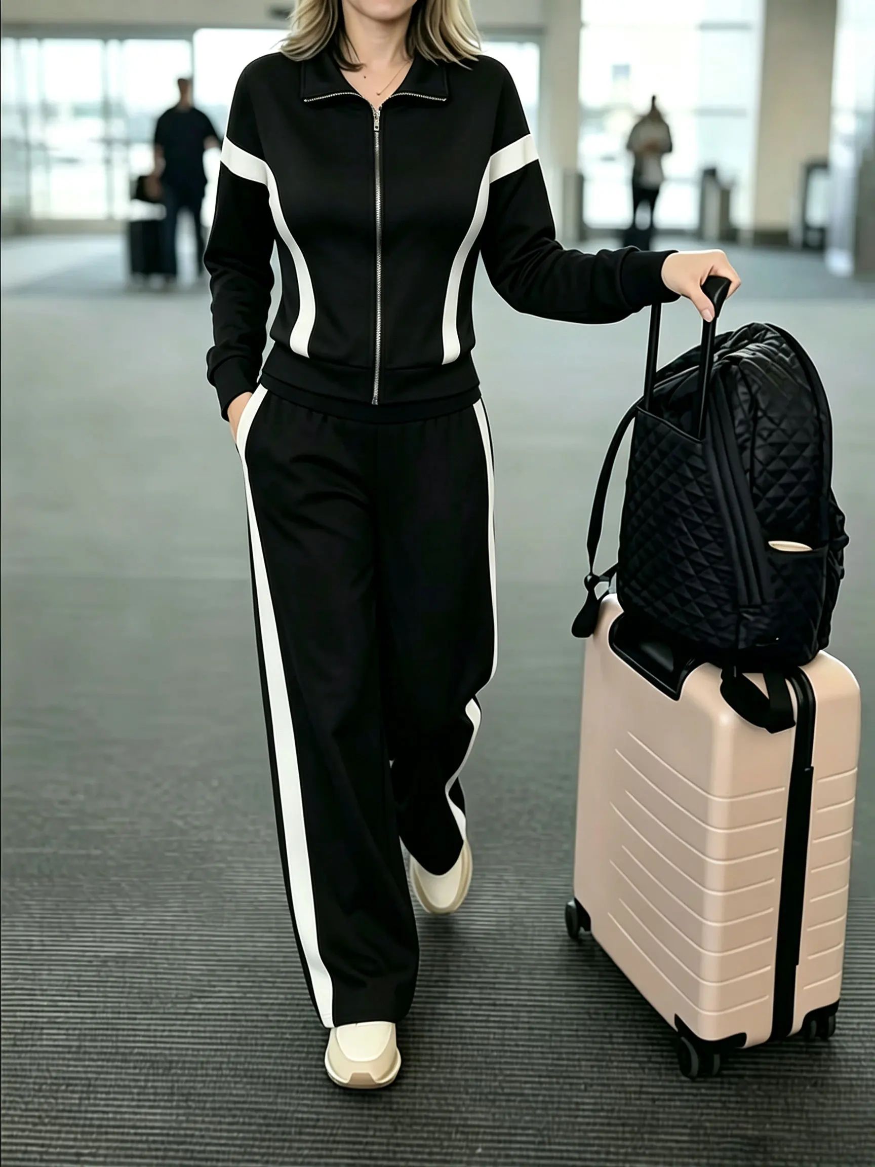 Airport Style Color-Blocked Sports Suit for Women with White Stripes on the Sides, Stand-Up Collar Zip-Up Long-Sleeve Jacket, Wide-Leg Pants Two-Piece Set, Casual and Slimming Commuter Wear for Women