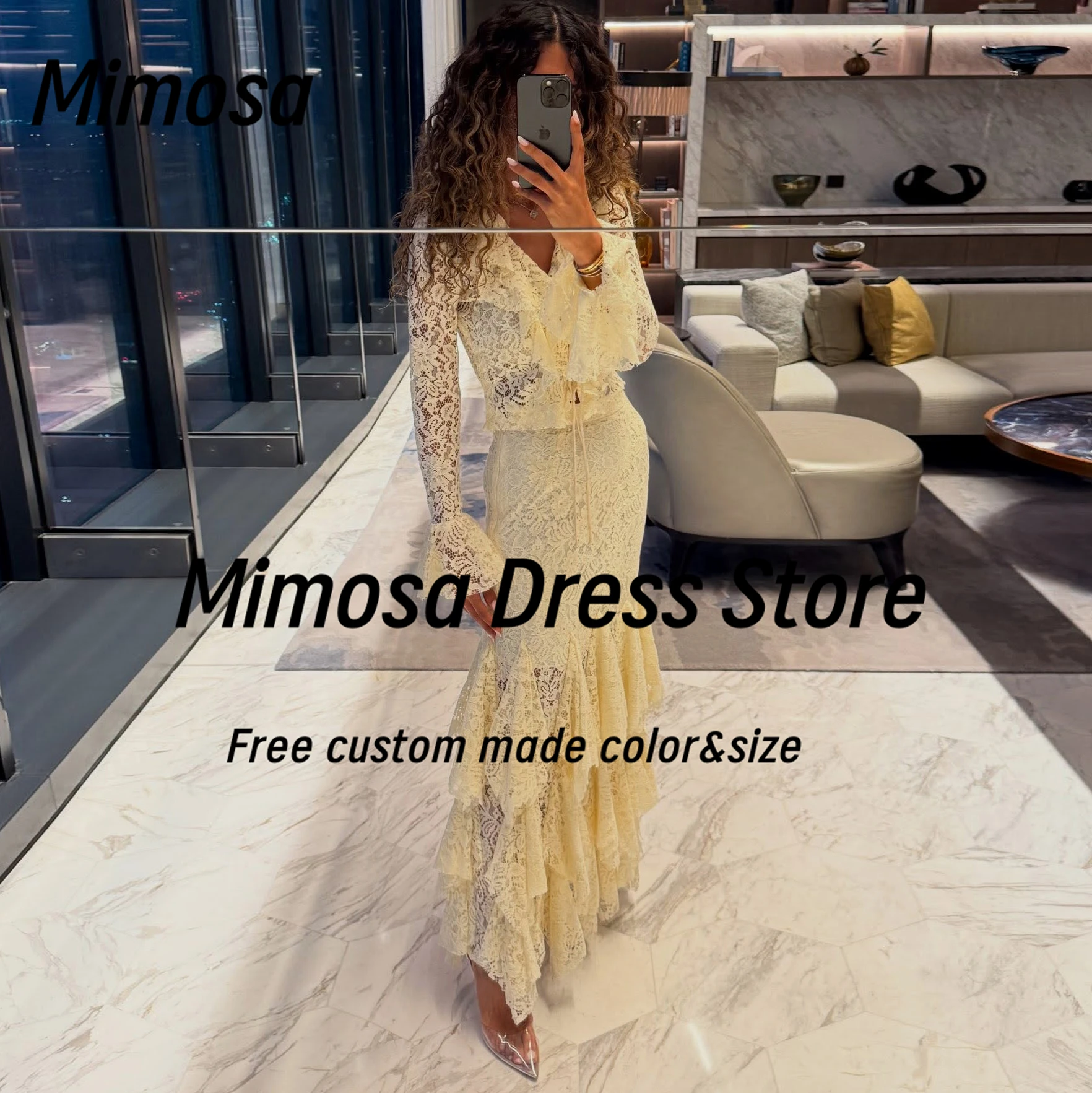 

Mimosa 2-Pieces Prom Dresses 2025 V Neck Long Sleeves Evening Dress Ruffles Lace Vestidos Des Special Party Gowns Customized