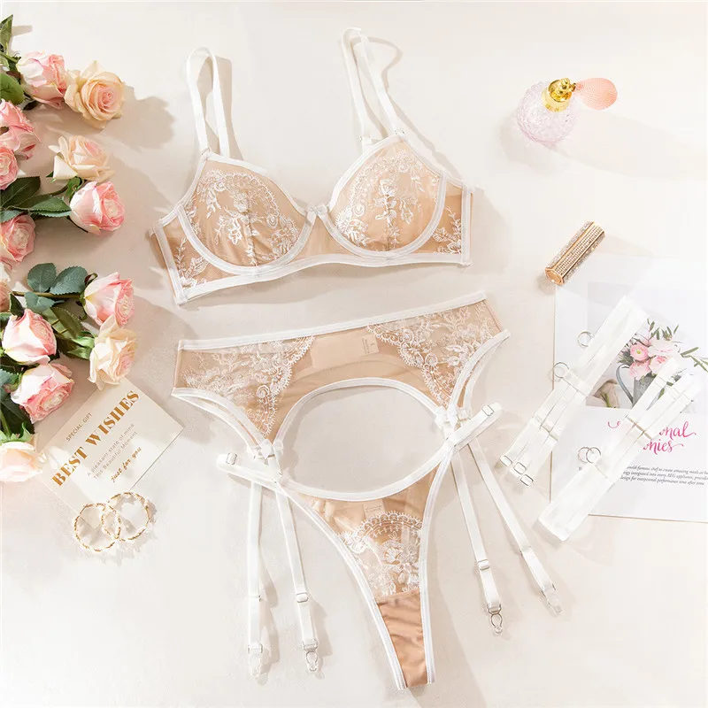 

Sexy Lingerie Sets 4 PCS Embroidery Flowers Lace Mesh Underwear Bra Brief Set Legbands Patckwork New See Through Exotic Sets