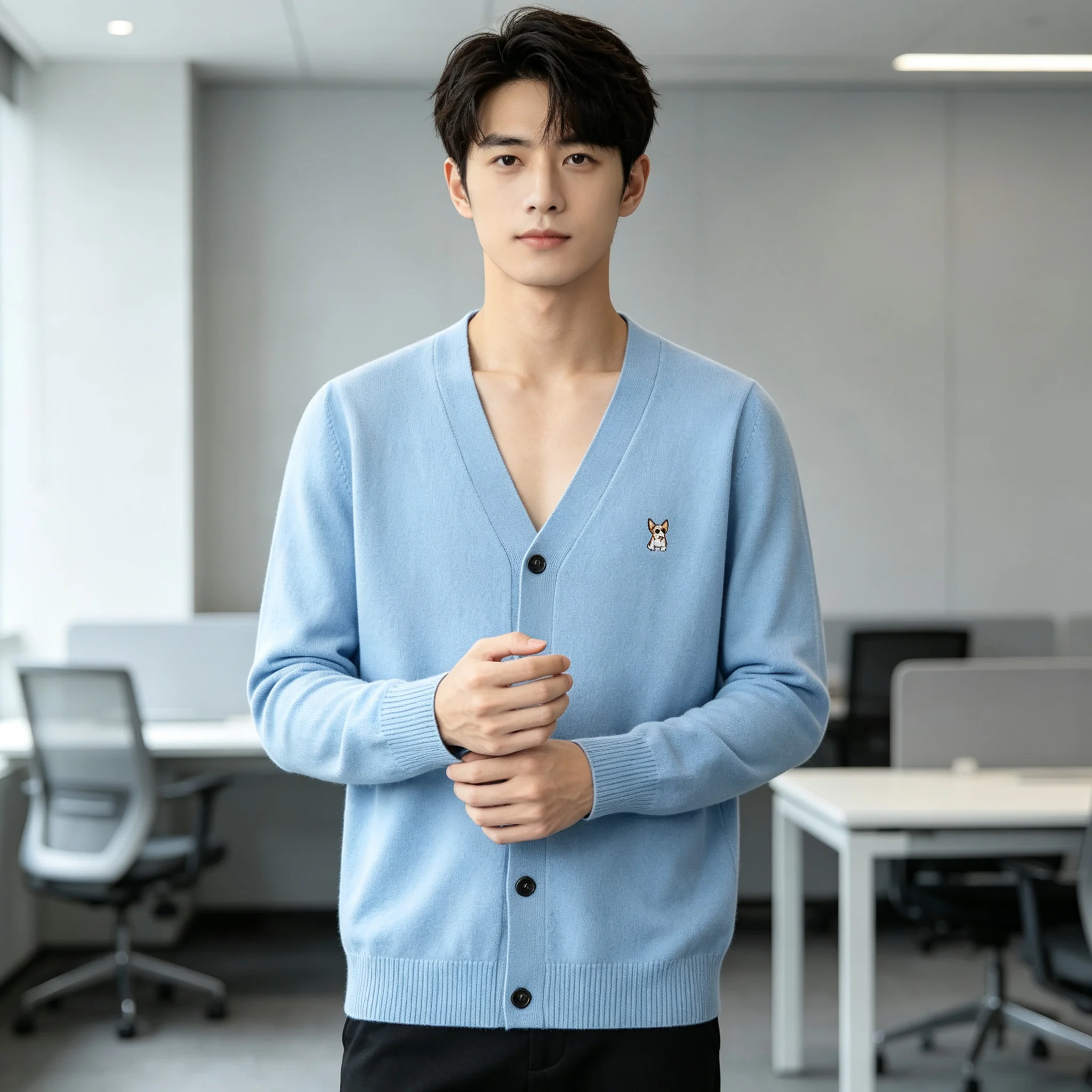 Autumn and winter men's 100% pure cashmere cardigan V-neck long-sleeved single-breasted loose padded knitted coat jacket.