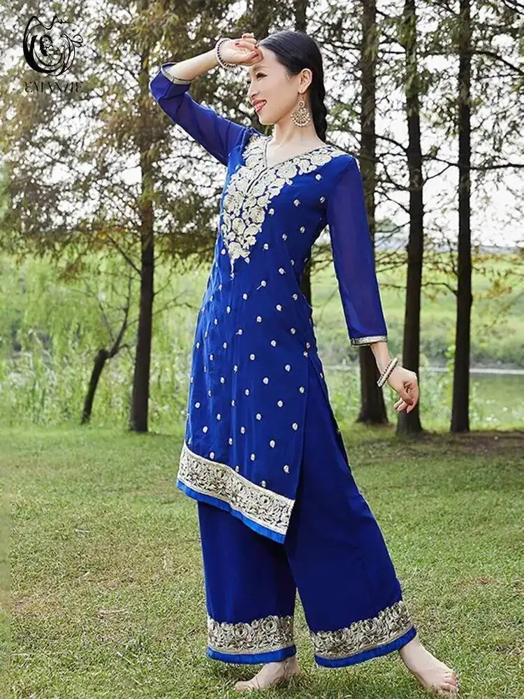 Vestido de dança indiana exótica estilo étnico feminino traje étnico diário sari lado shelby calças conjunto de duas peças