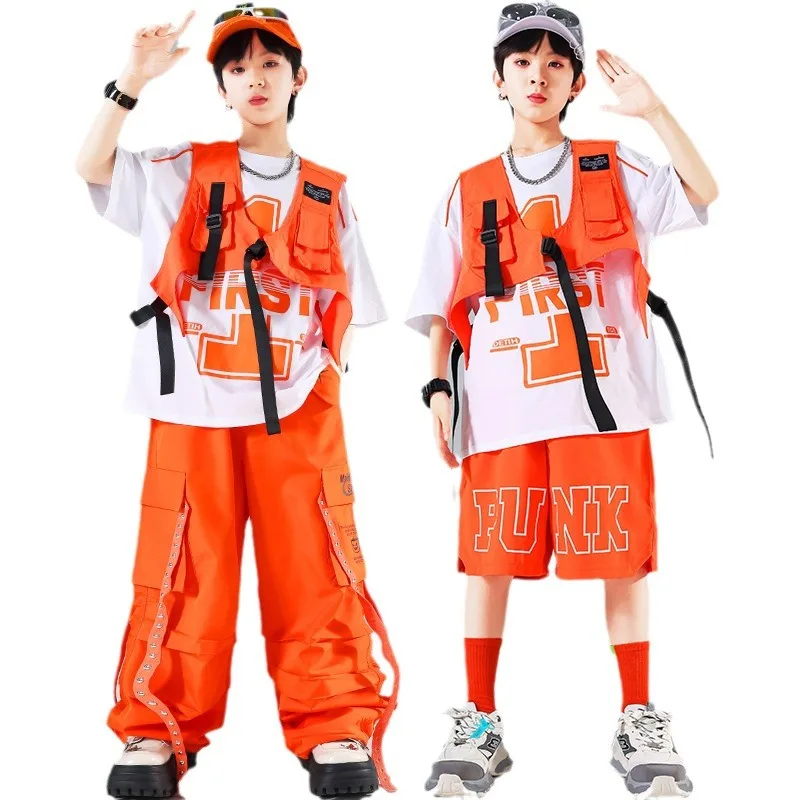 Kid Hip Hop Clothing White Graphic T Shirt Orange Vest Casual Strap Cargo Pants Shorts for Girl Boy Jazz Dance Costume Clothes