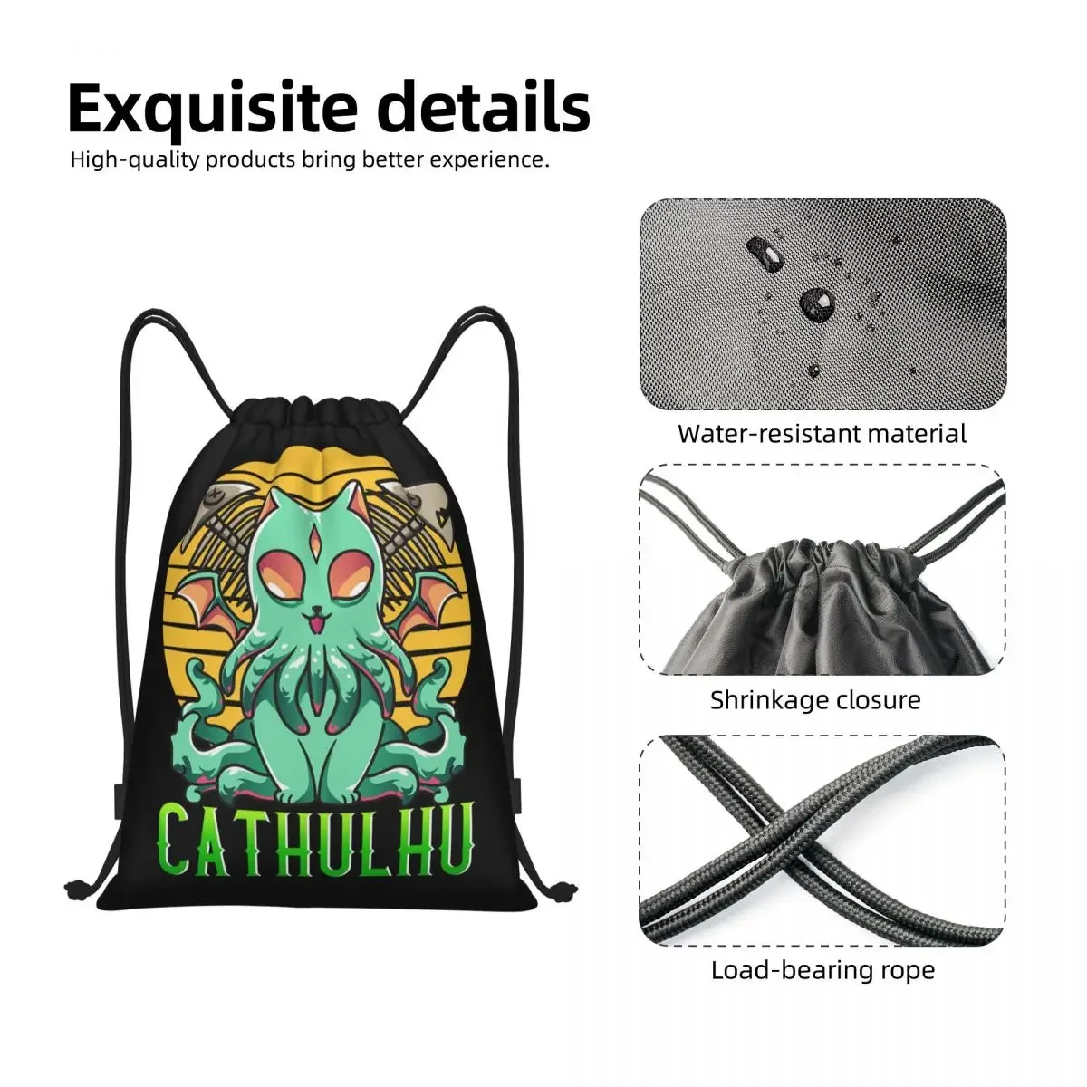 Leve Drawstring Bag para homens e mulheres, Kawaii Drawstring Backpack, Storage Backpack, Sports, Gym, Custom, Cathulhu, Cat Cthulhu