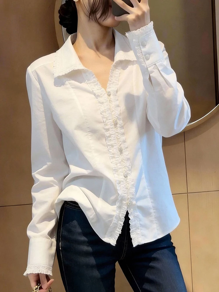 

Chic Ruffles Sweet White Shirt Women Slim Long Sleeve Elegant Blouse Spring Summer Fashion Female Cute Casual Soft Tops New Ins