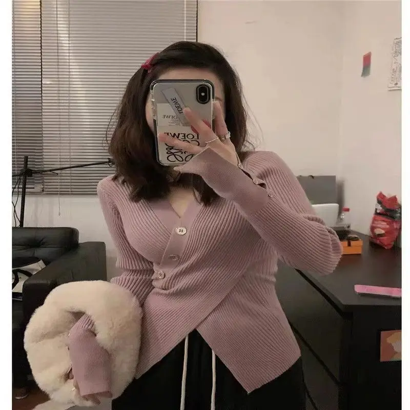 Women's Spring and Autumn Fashion Elegant Solid V-neck Button Cross Casual Versatile Long Sleeve Slim Fit Sweater Knitted Tops