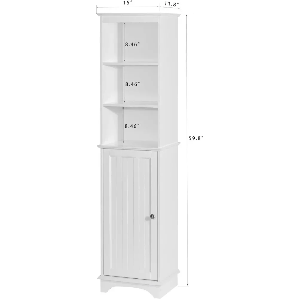 Home Freestanding Storage Cabinet with Three Tier Shelves, Tall Slim Cabinet, Free Standing Linen Tower, White，Bathroom Cabinets