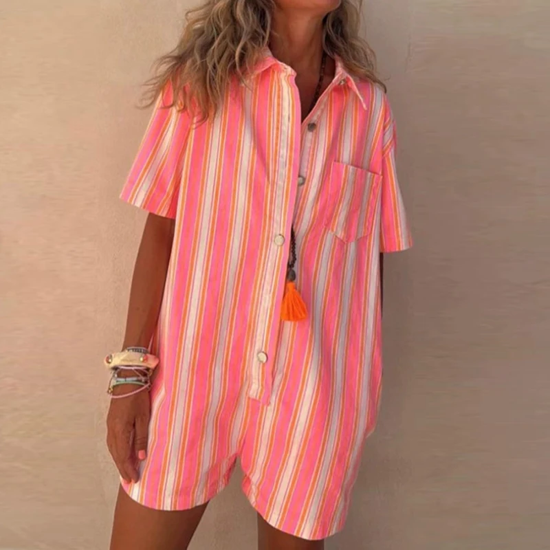 Casual Loose Women's Shorts Playsuits Overalls Fashion Lapel Single Breasted Jumpsuits Elegant Lady Short Sleeve Shirts Rompers