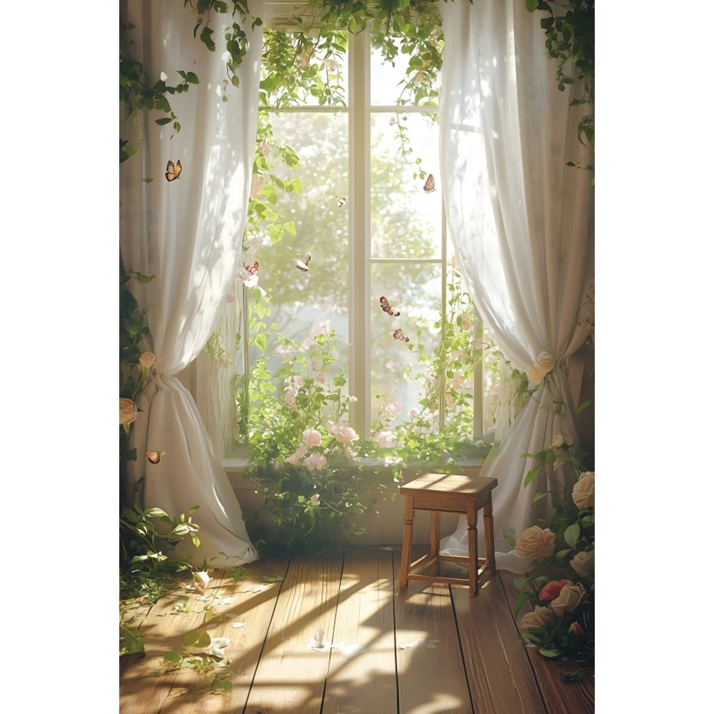 Flower Garden Window Photography Backdrop Sunshine Curtain Balcony Flowers Maternity Portrait Wedding Birthday Decor Background