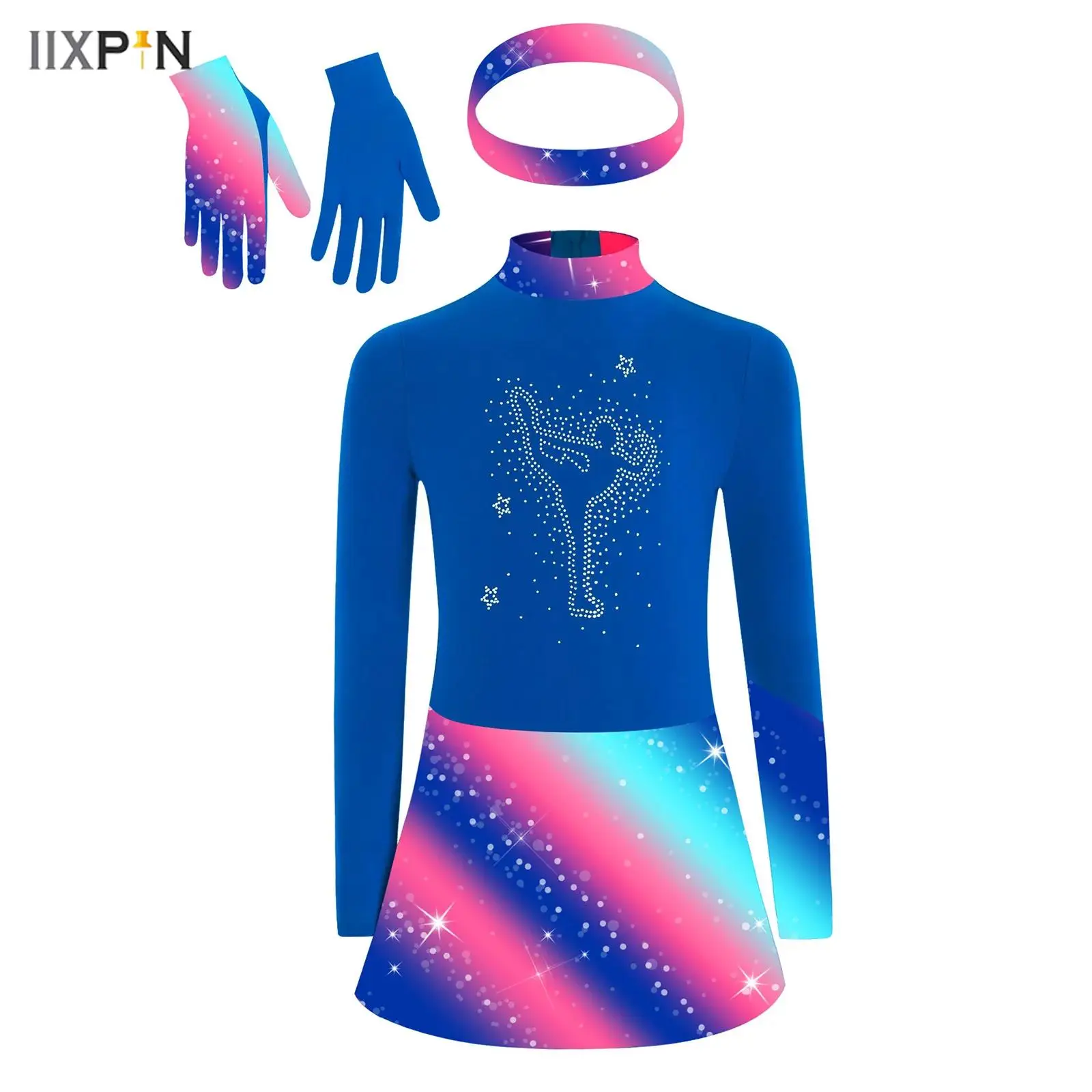 

3Pcs Kids Girls Figure Skating Dresses Mock Neck Long Sleeve Shiny Rhinestones Printed Patchwork Dress+Gloves+Headband Dancewear
