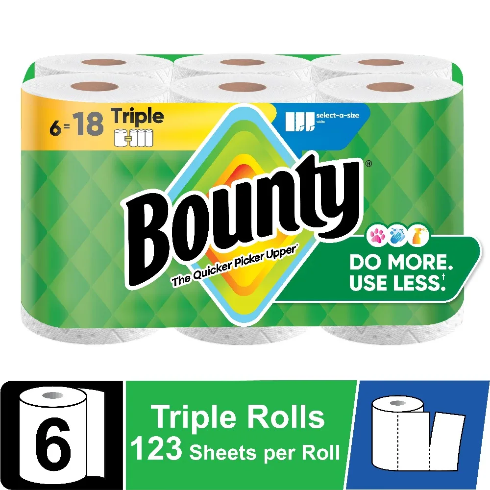 6 Triple Rolls Select-A-Size Absorbent White Paper Towels Cloth-Like Kitchen Cleaning Tissue