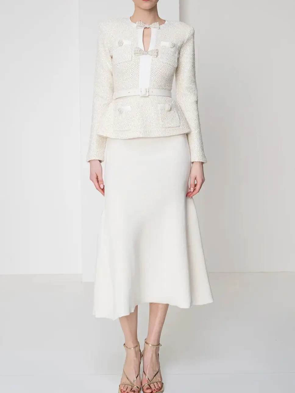 

Women Fake Two Pieces Dress Bow Diamond Decoration Round Neck Long Sleeve High Waist Long Sleeve Elegant Slim Tweed Knitted Robe