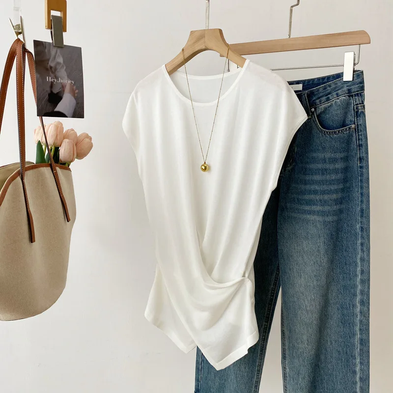 Dave&di 26 Summer New Product Mulberry Silk Lyocell Knitted Shirt Women's Simple Solid Color Round Neck Sleeveless Cross Top