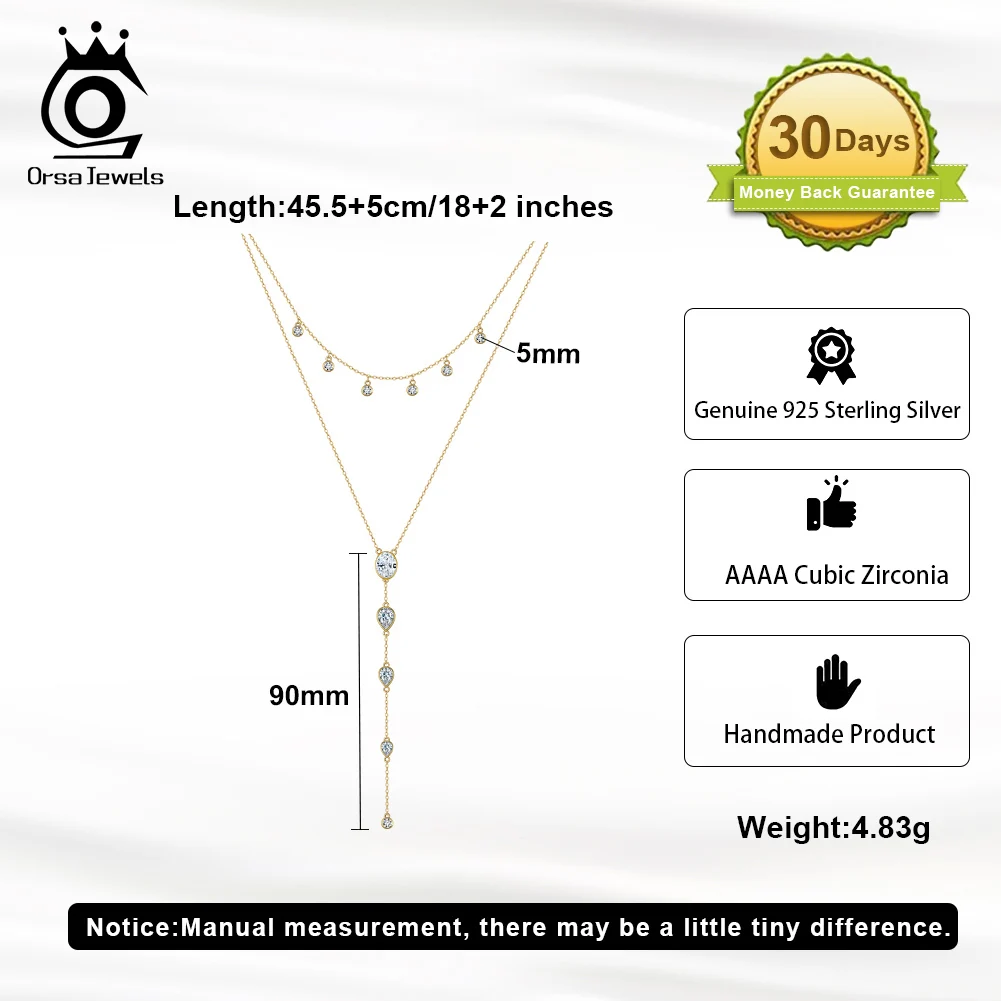 ORSA JEWELS 925 Sterling Silver Y-Shaped Necklace with 5A Cubic Zirconia for Women Choker Necklace Birthday Party Jewelry BQN16