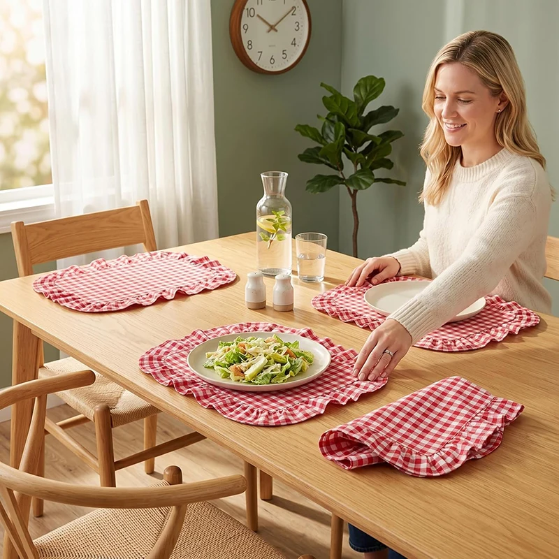 Set of 4 Red Gingham Placemats Ruffles Coasters Checkered Plaid Wedding Napkins for Kitchen Dinning Table Mats Home Decorations