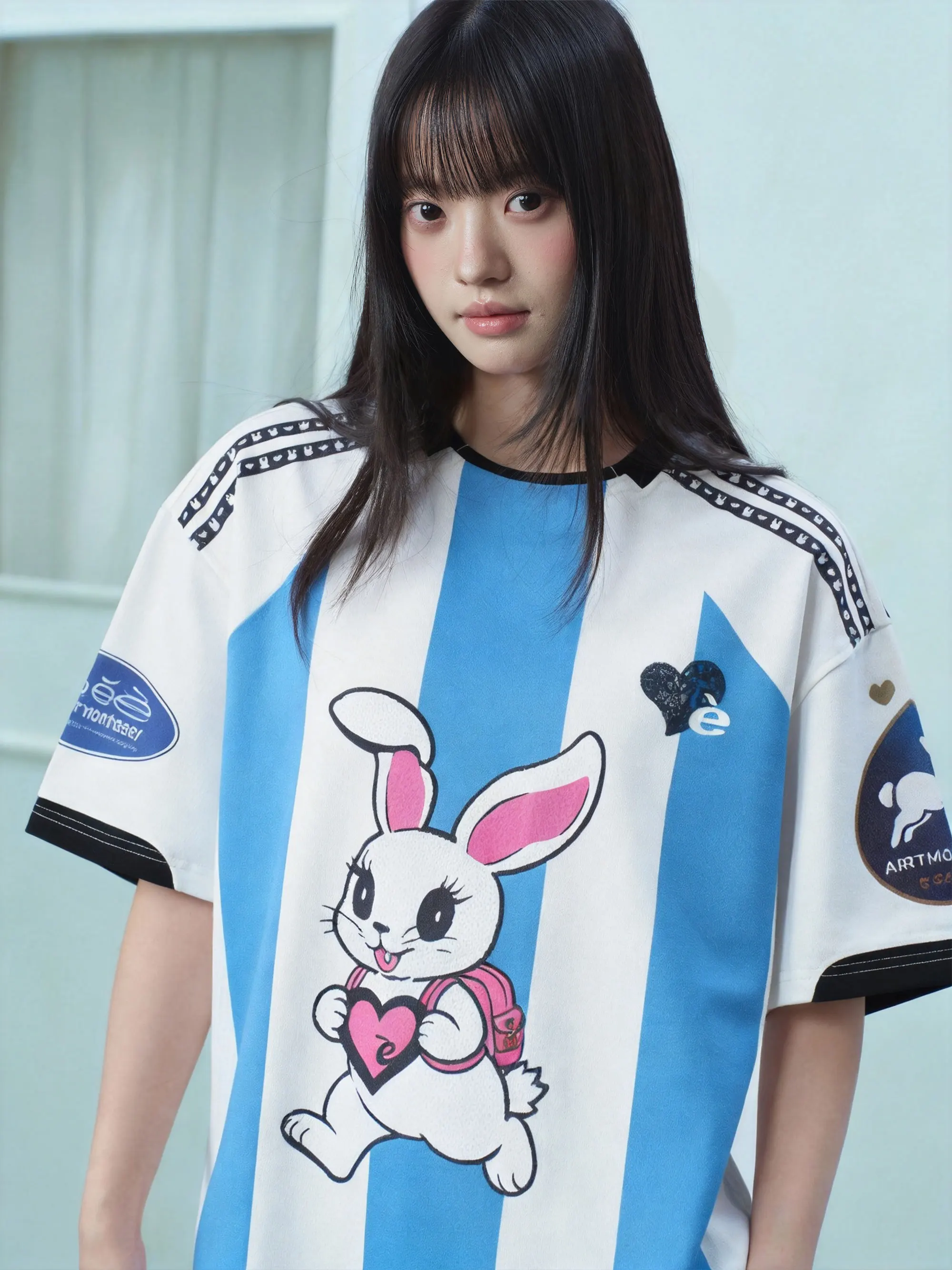EeeeArtmonster School Rabbit Sporty Stripe Color Block T-Shirt Short Sleeve Printed Summer Top for Men And Women