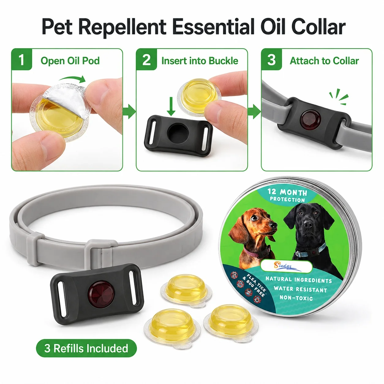 Pet Flea Tick Repellent Collar For Dogs Cats Adjustable 62cm Essential Oil Collar With Buckle 3 Refill Pods Water Resistant