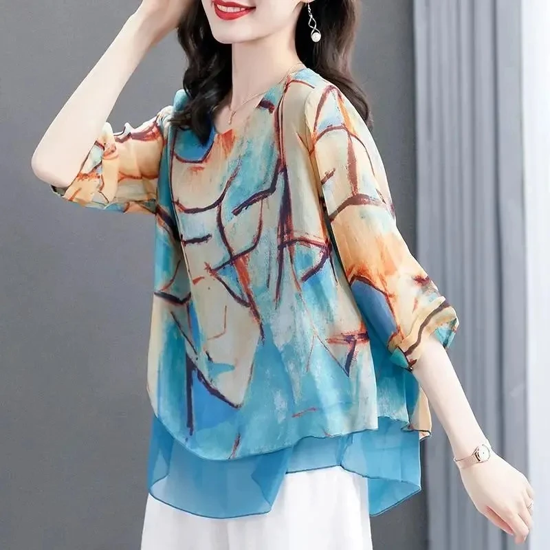 4XL Large Size Women Summer Three Quarter Chiffon Shirts Fashion Printed Middle Aged Mother Loose Chiffon Blouse Pullover Tops