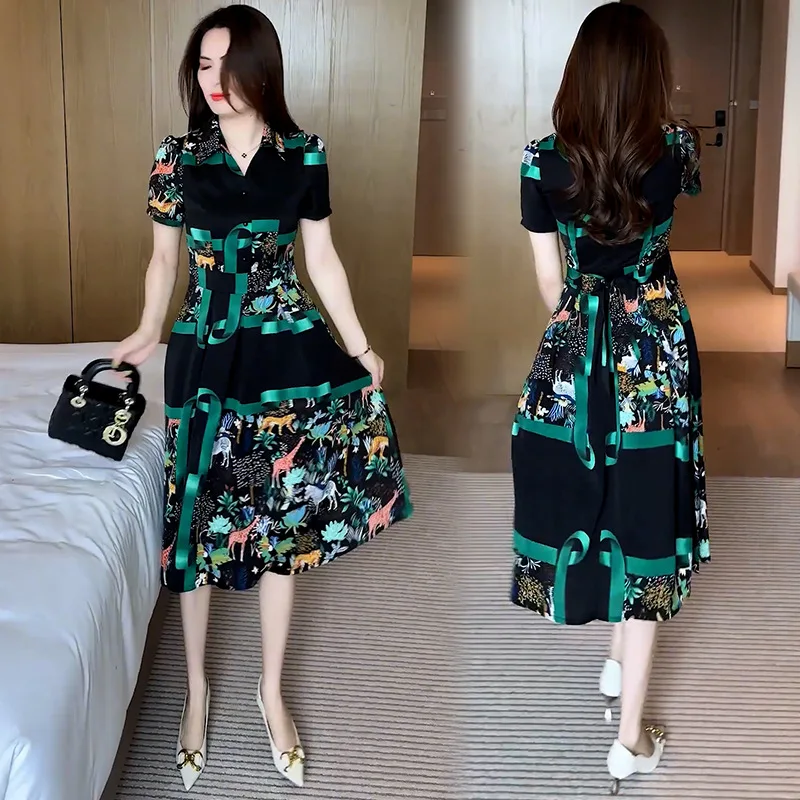 

2024Summer New Temperament Waist-Controlled Slimming Printed Mid-Length Skirt Fashion Ice Silk Chiffon Short Sleeve Dress Women