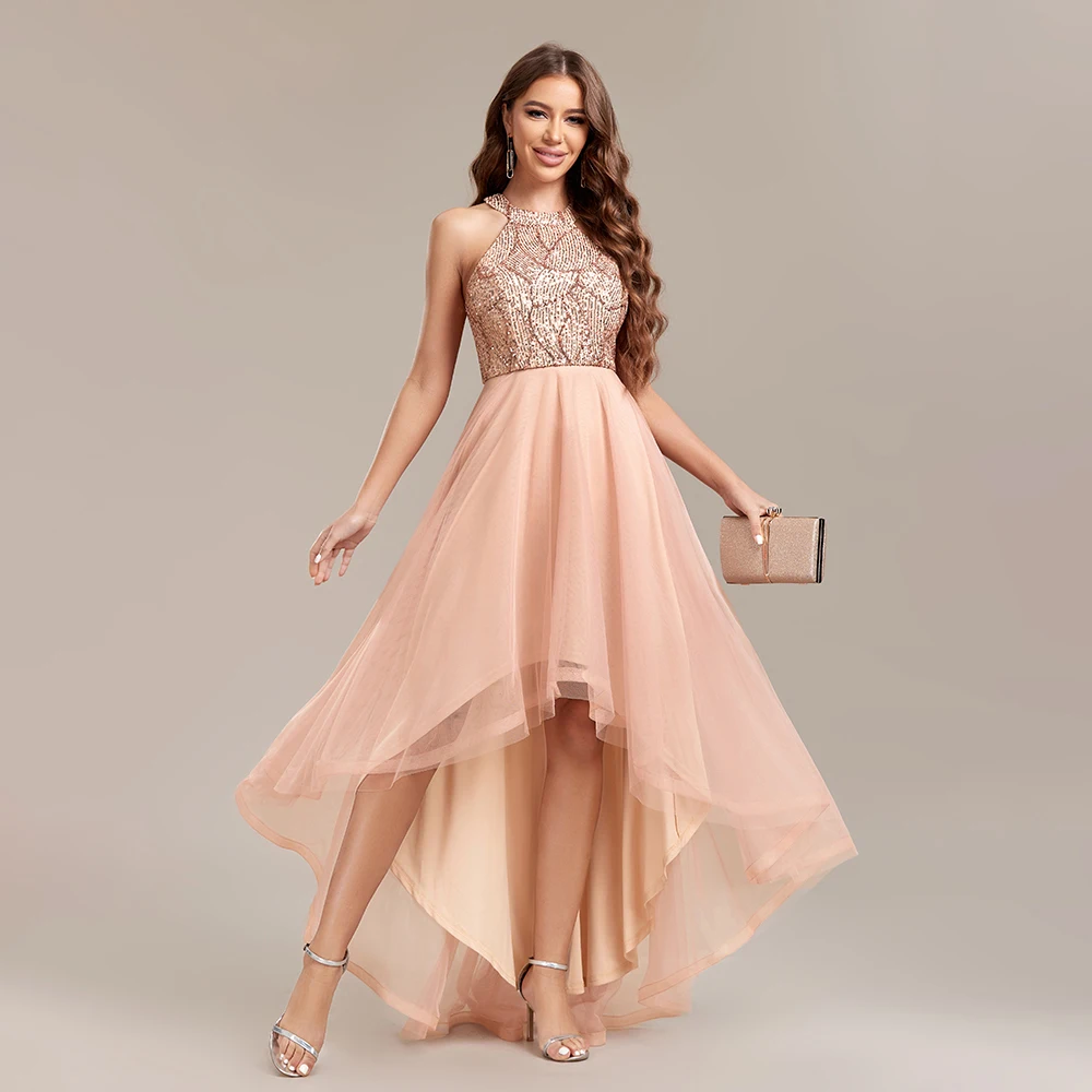 Women Sleeveless Halter Shinning Sequin Tulle Evening Dress Irregular Hem Prom Dresses Golden Birthday Party Dress