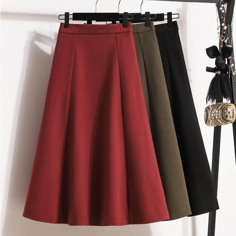 

High Waisted Tweed Thickened Solid Half-body Thick Skirts Plus Size Temperament A-line Skirt Women's Slimming Versatile Skirt