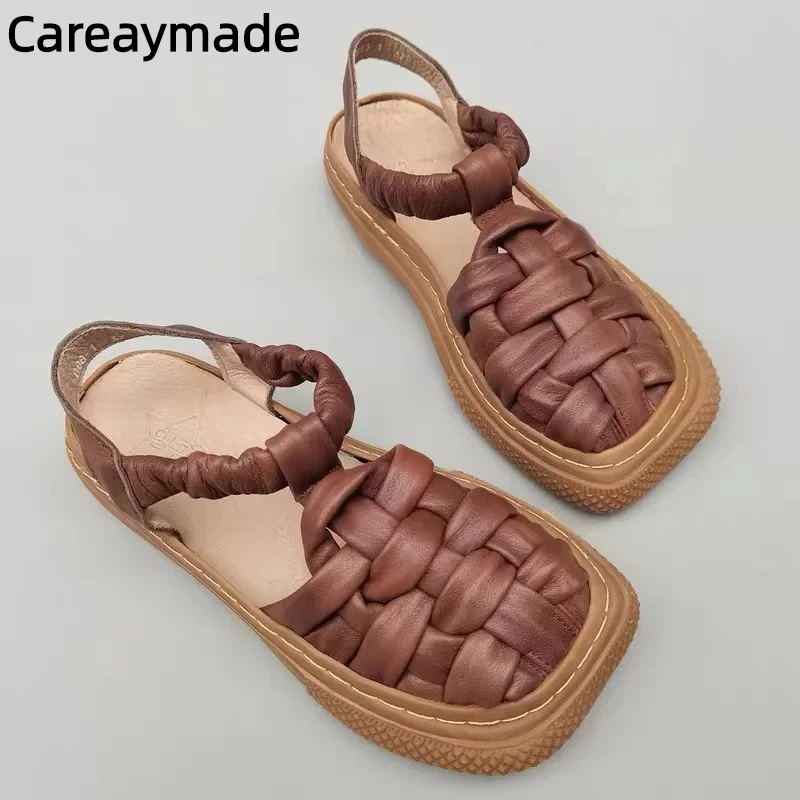 Careaymade-Genuine leather pure handmade woven women's sandals loose  large head original single summer retro stitched sandals