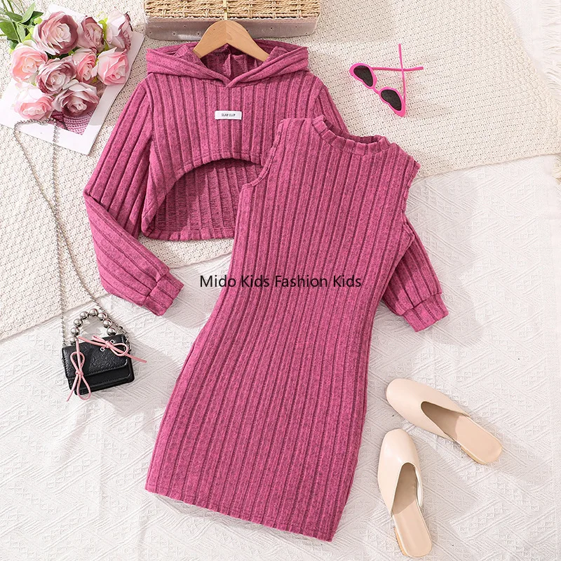 4-16Y Girls Knit Dress Set Autumn New Lady Style Ribbed Long Sleeve Hoodie Fashion Vest Dress 130-170cm
