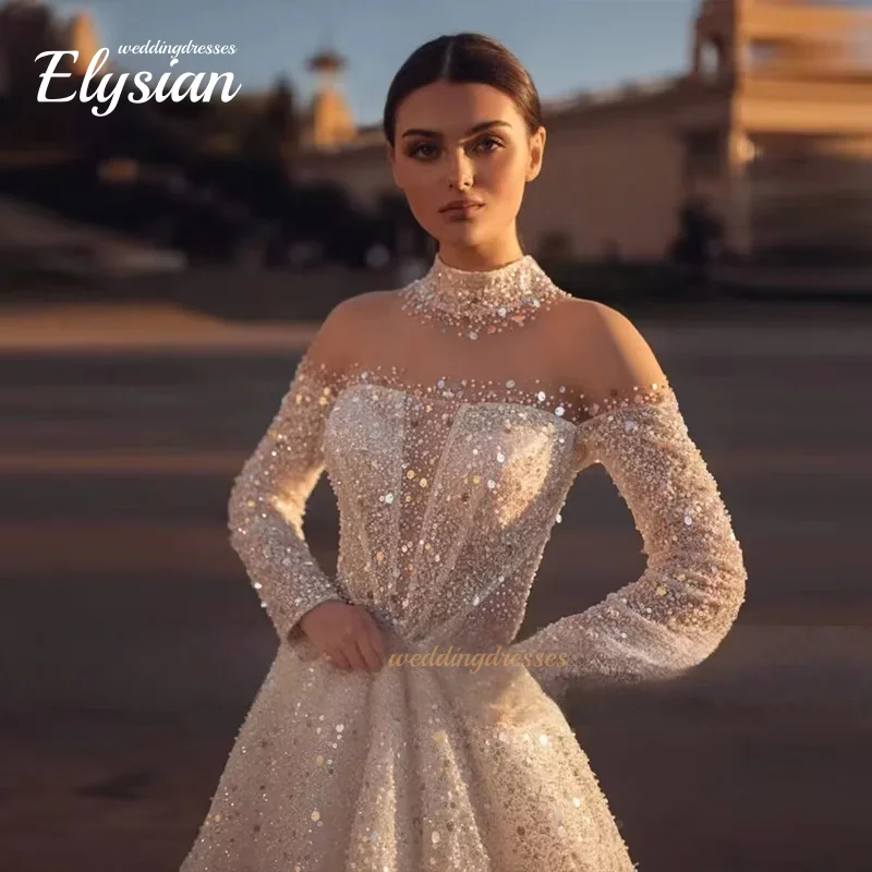 Customized Glitter Wedding Dresses A Line Bridal Gowns Beading Appliques Full Sleeves Robes For Women Vestidos De Novia