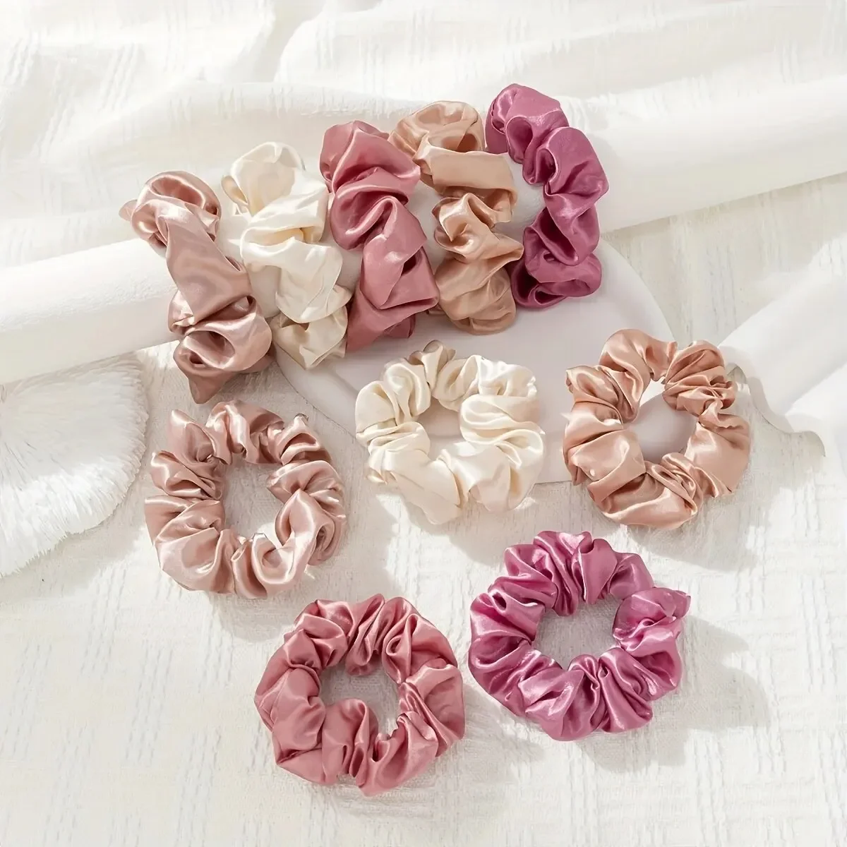 

10pcs Women's Pink Satin Elegant Casual Large And Small Intestine Hair Circles Valentine's Day Gift