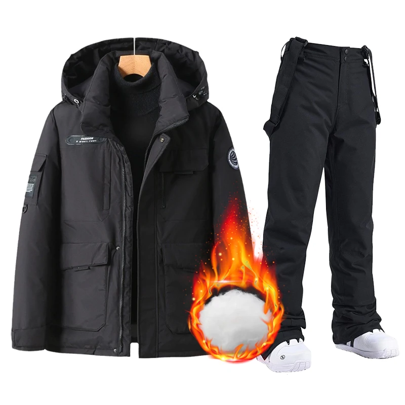 High Quality Winter Ski Suit Men Windproof Skiing Down Cotton Jacket Bibs Pants Set Male Snow Costume Snowboard Wear Overalls