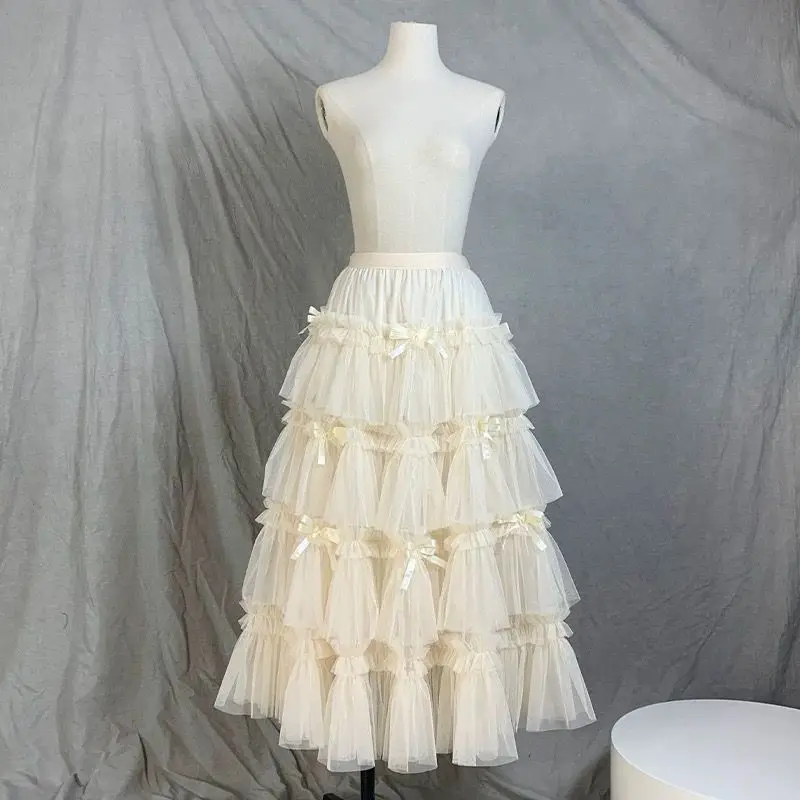 Romantic Ruffles Cake Skirt Layer Bow Skinny Temperament Cute A-shaped Gauze Skirts Women Korean Fashion Clothing