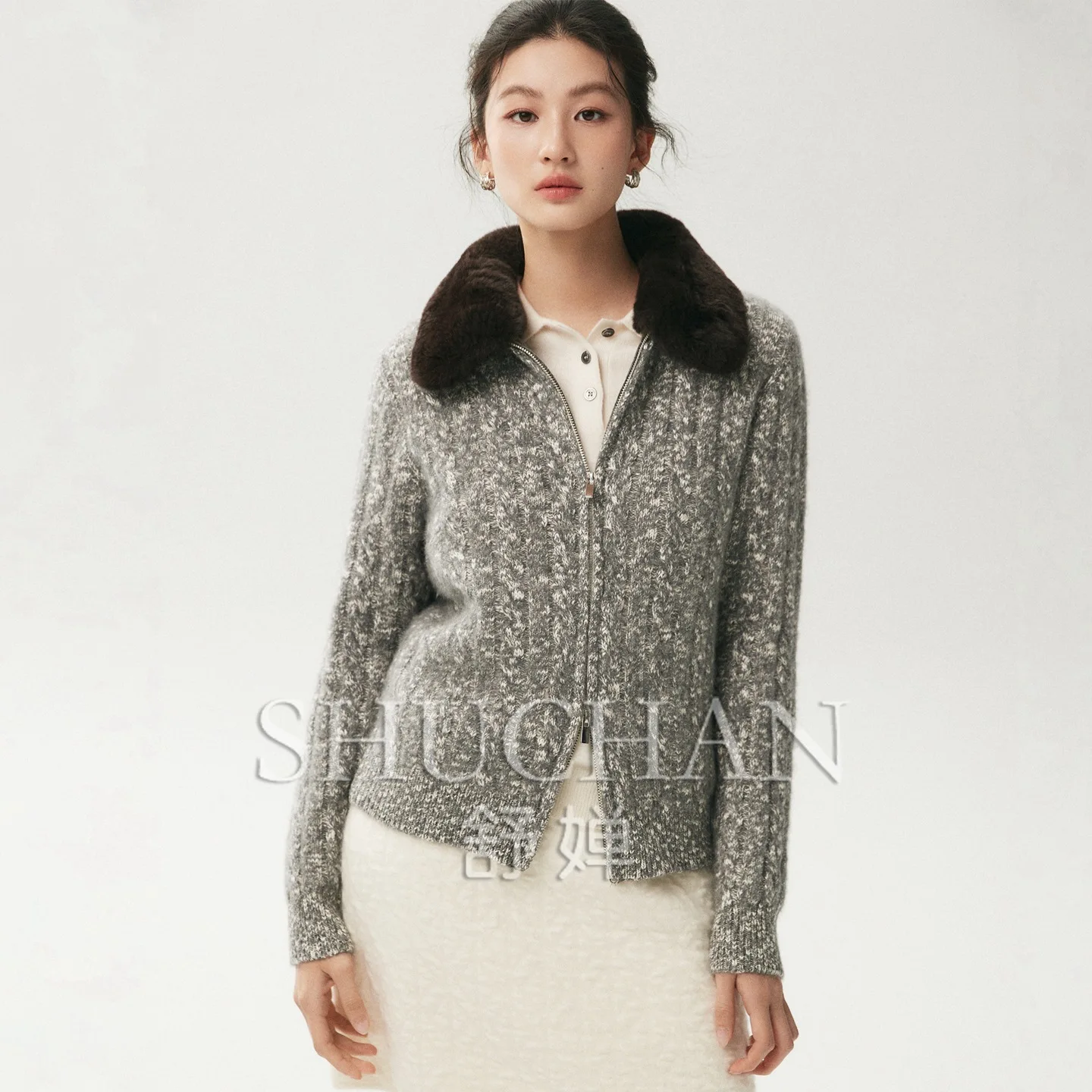 Autumn and winter new wool collar double-ended zipper cardigan twisted twist cashmere lazy style retro knitted cardigan jacket