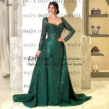 Abiti da ballo lunghi con paillettes verdi scintillanti Sweetheart maniche lunghe abiti da sera formali a sirena da donna Abendkleider Party Dress