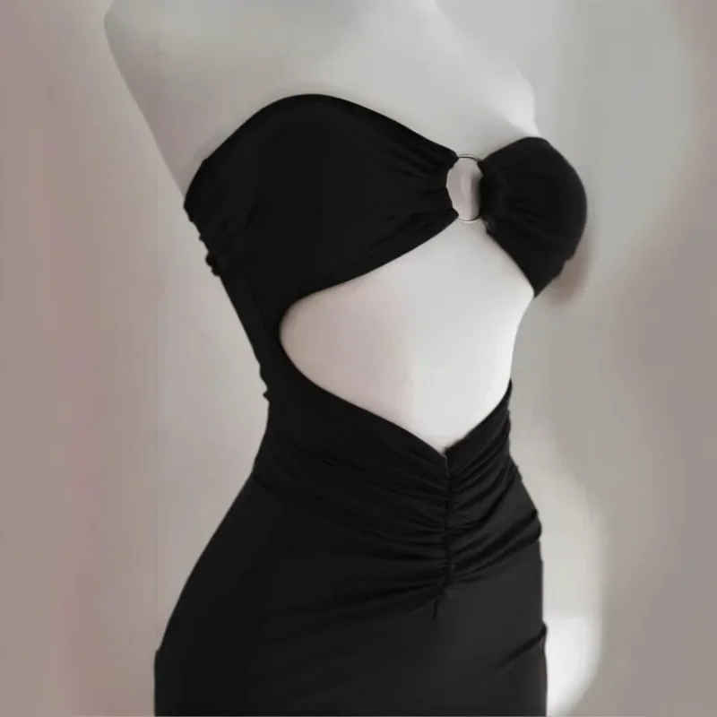 Mode femmes décontracté moulante élégant évider sans bretelles fête d'été sans manches Sexy robe de soirée plissée vêtements de rue