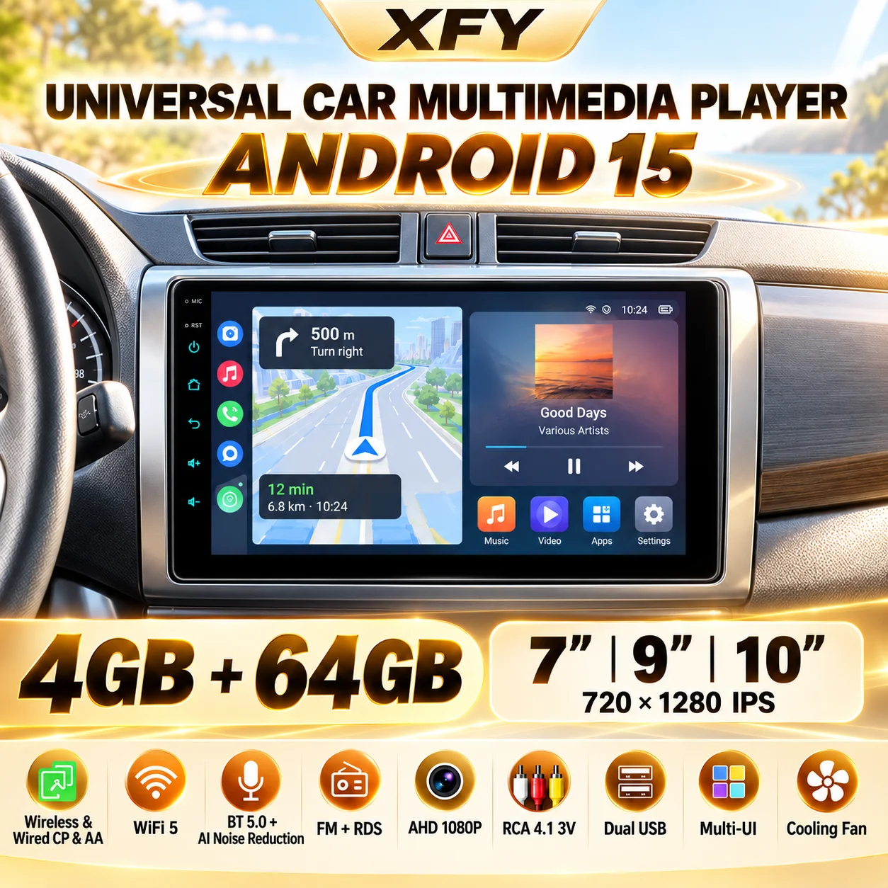 XFY Universal 7/9/10 Inch Android 15 Car Radio 4GB 64GB Wireless CarPlay Android Auto WiFi 5 BT 5.0 AHD1080P 2 Din Stereo IPS FM