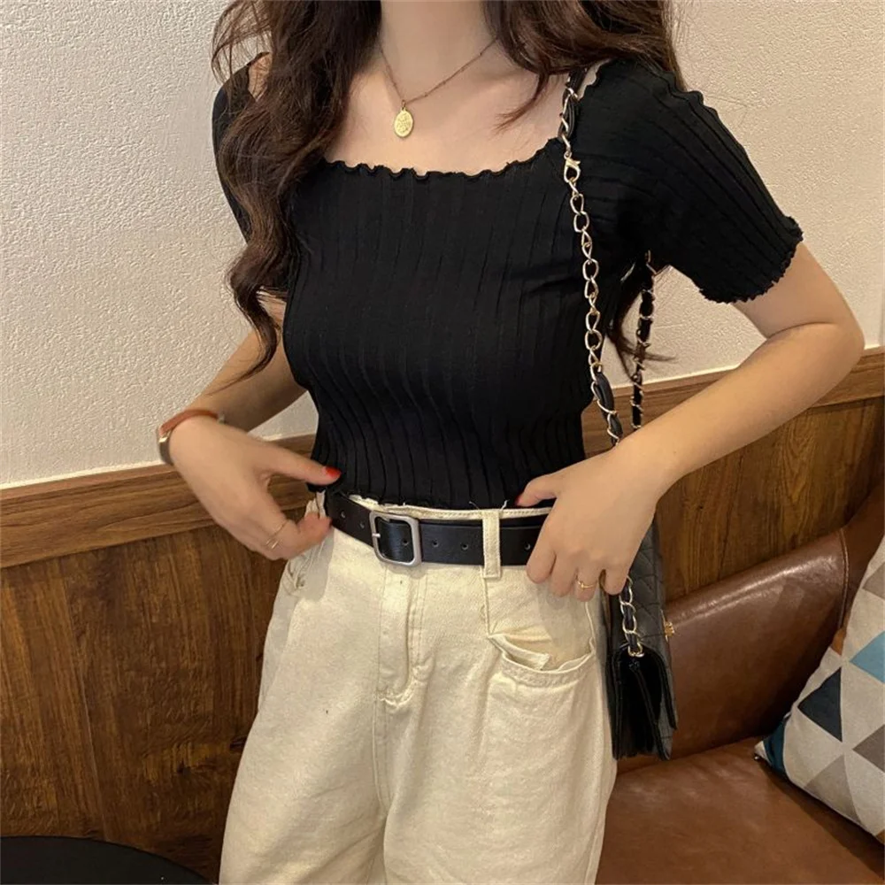 Baby Tees Short Sleeve Knitted Crop Tops For Women Student Girls Square Neck Slim Tshirts Knitwear Spring Summer Sweet Tees 2025
