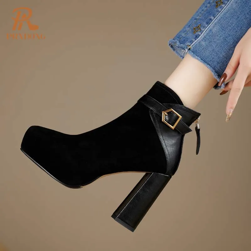 PRXDONG 2024 New Summer Brand Genuine Leather Autumn WInter Warm Ankle Boots Chunky High Heels Platform Black Brown Dress Shoes