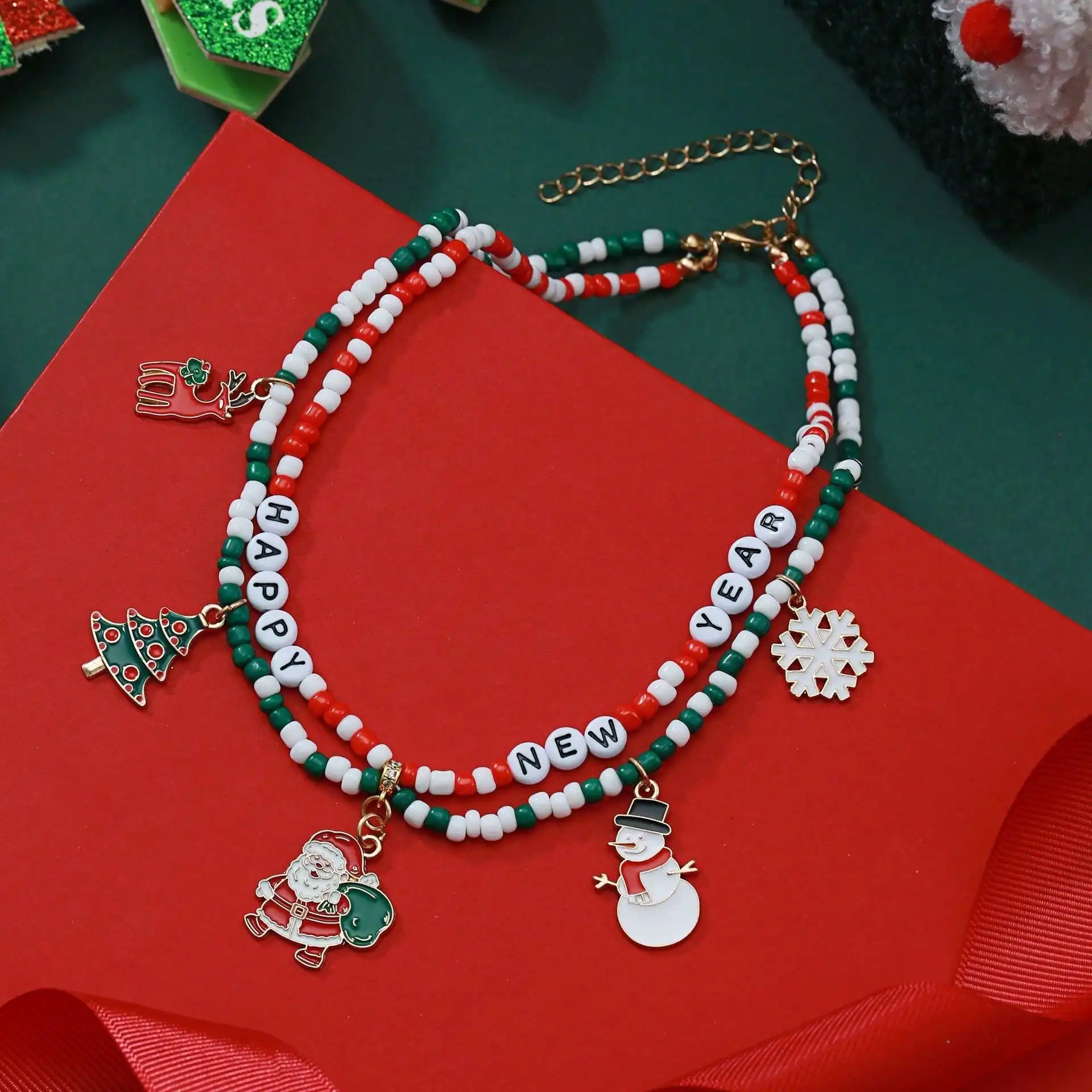 :HAPPY NEW YEAR Christmas Beaded Necklace – Santa Tree Reindeer Snowman Snowflake Pendant, Double Layer Stackable Jewelry,1shein,100,:IPhoneSamsungXia