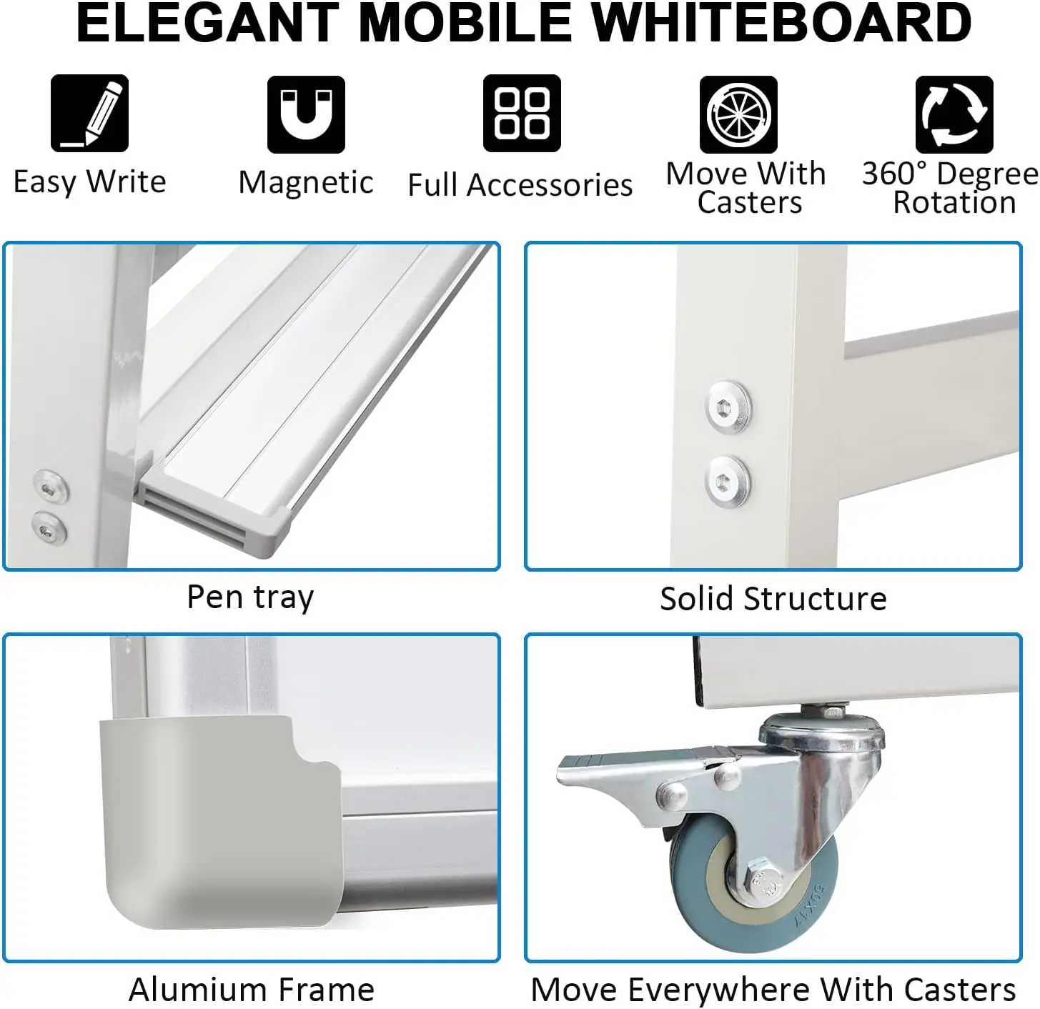 40x28 Inch Double-Sided Magnetic Rolling Whiteboard with Stand, Aluminum Frame and Wheels