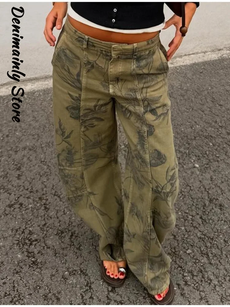 Fashion Women's Printed Denim Pants High Waist Zipper Pockets Wide Leg Female All-match Jeans 2026 Autumn Lady Street Trousers